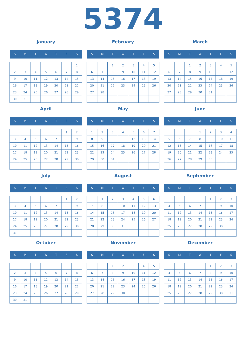 Printable 5374 Year Calendars blue