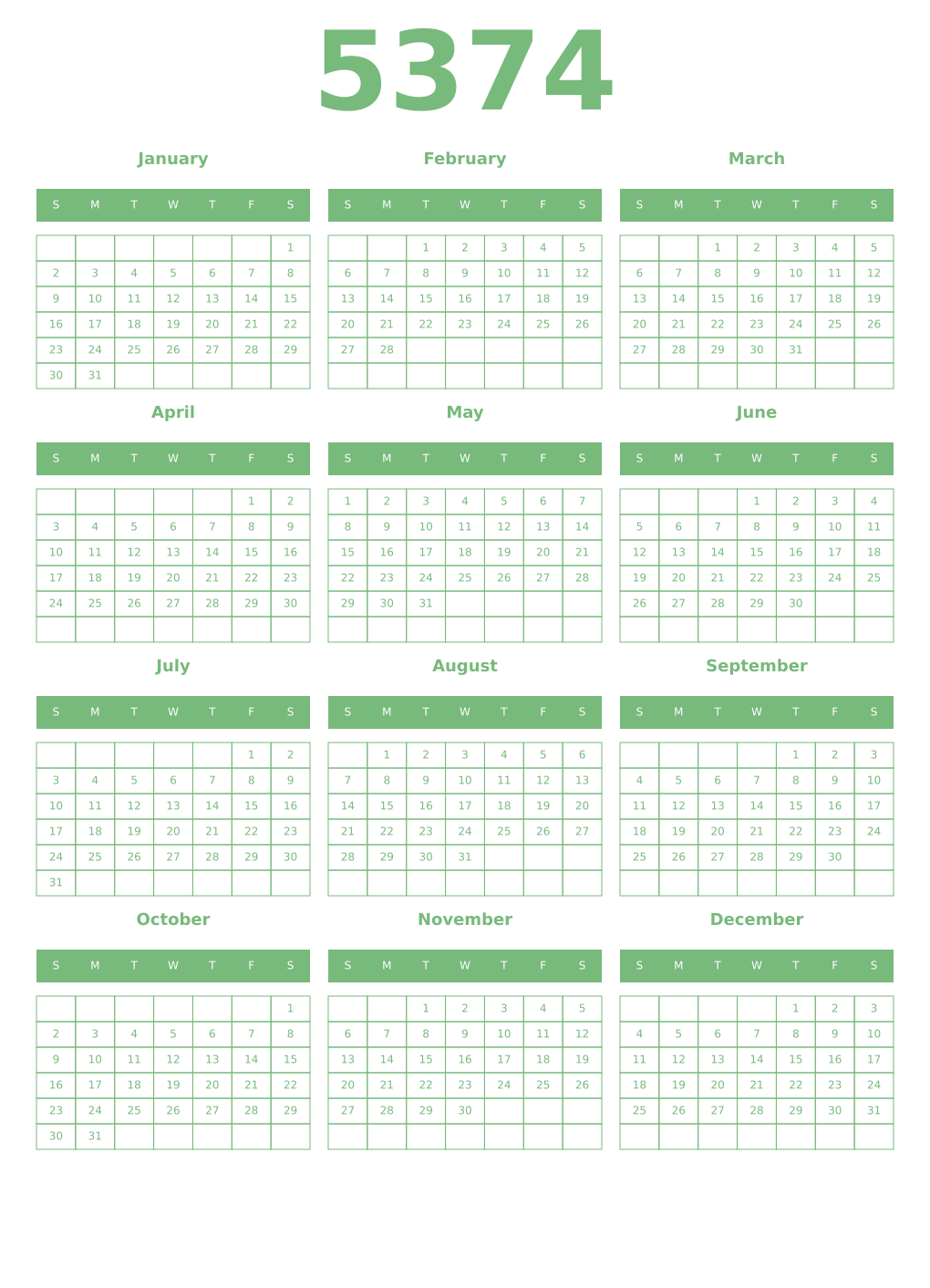 Printable 5374 Year Calendars celadon