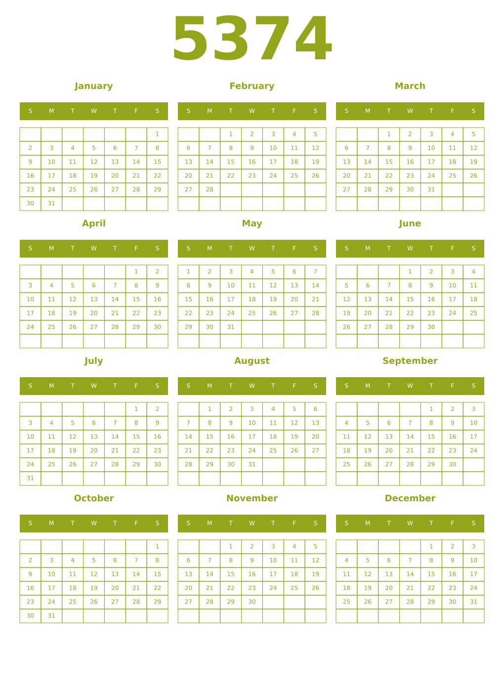 Printable 5374 Year Calendars chartreuse