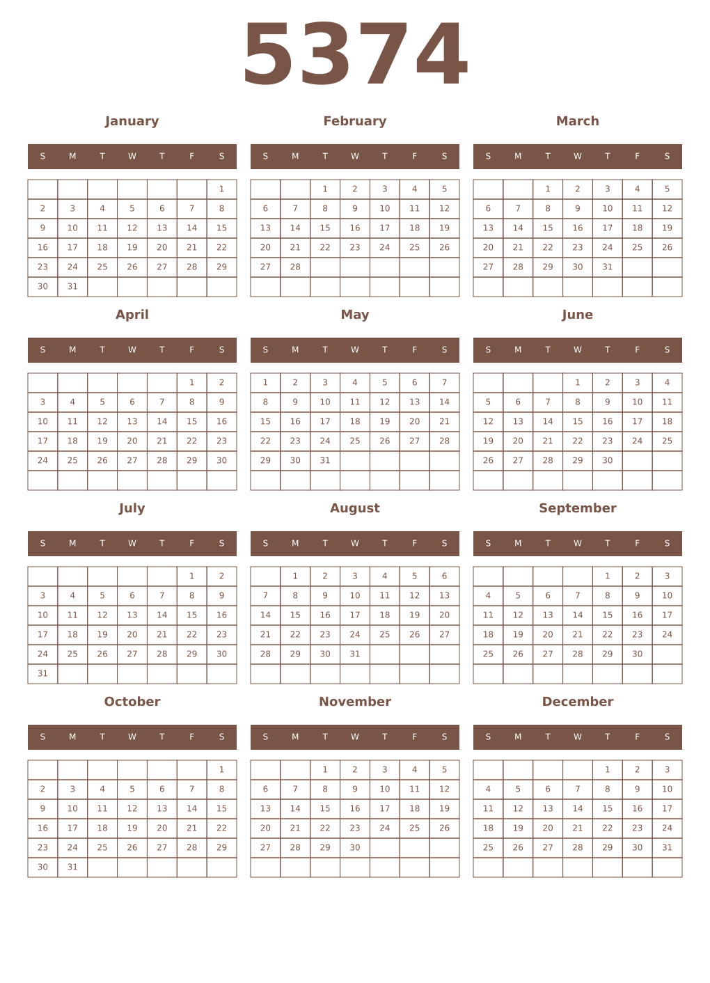 Printable 5374 Year Calendars coffe