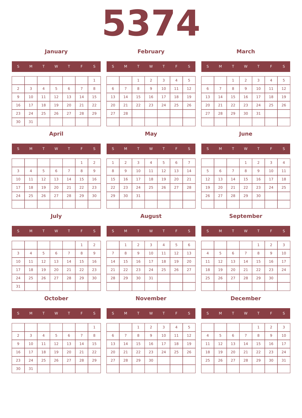 Printable 5374 Year Calendars cordovan