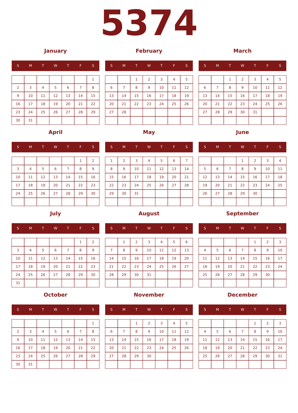 Printable 5374 Year Calendars falu