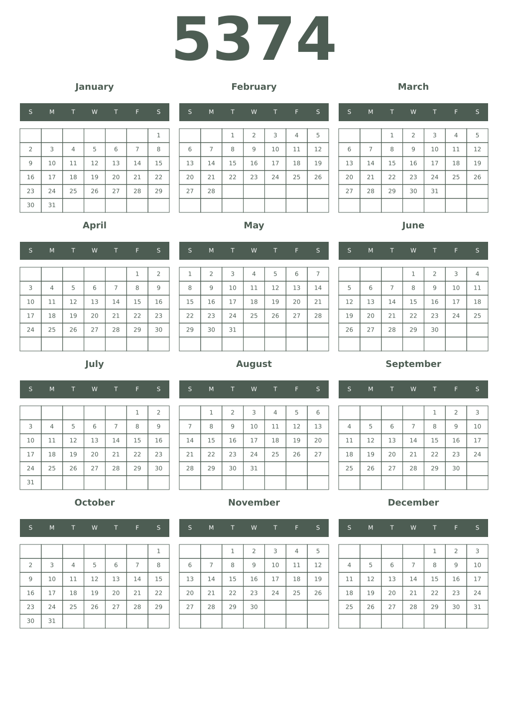 Printable 5374 Year Calendars feldgrau