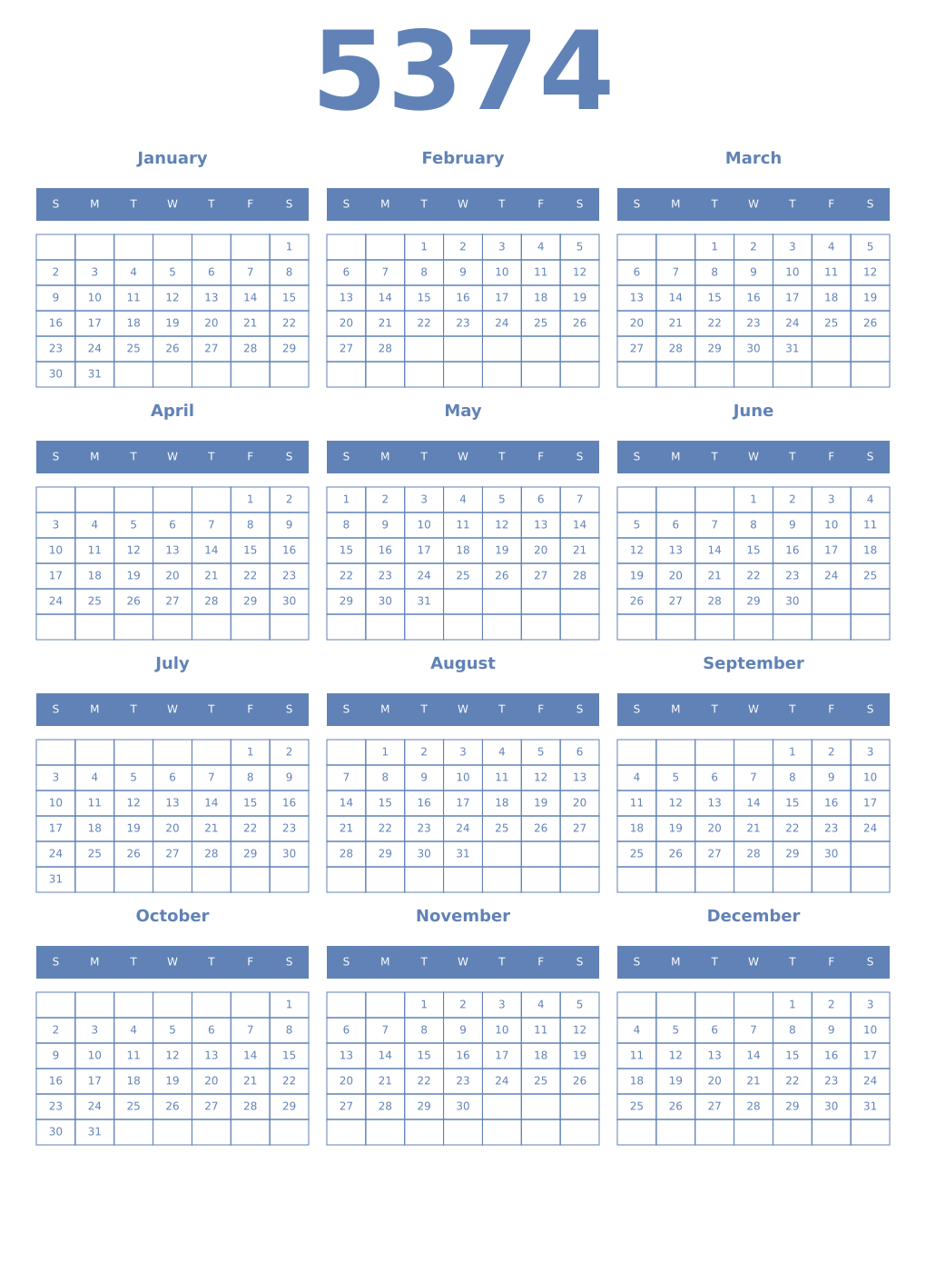Printable 5374 Year Calendars glaucous