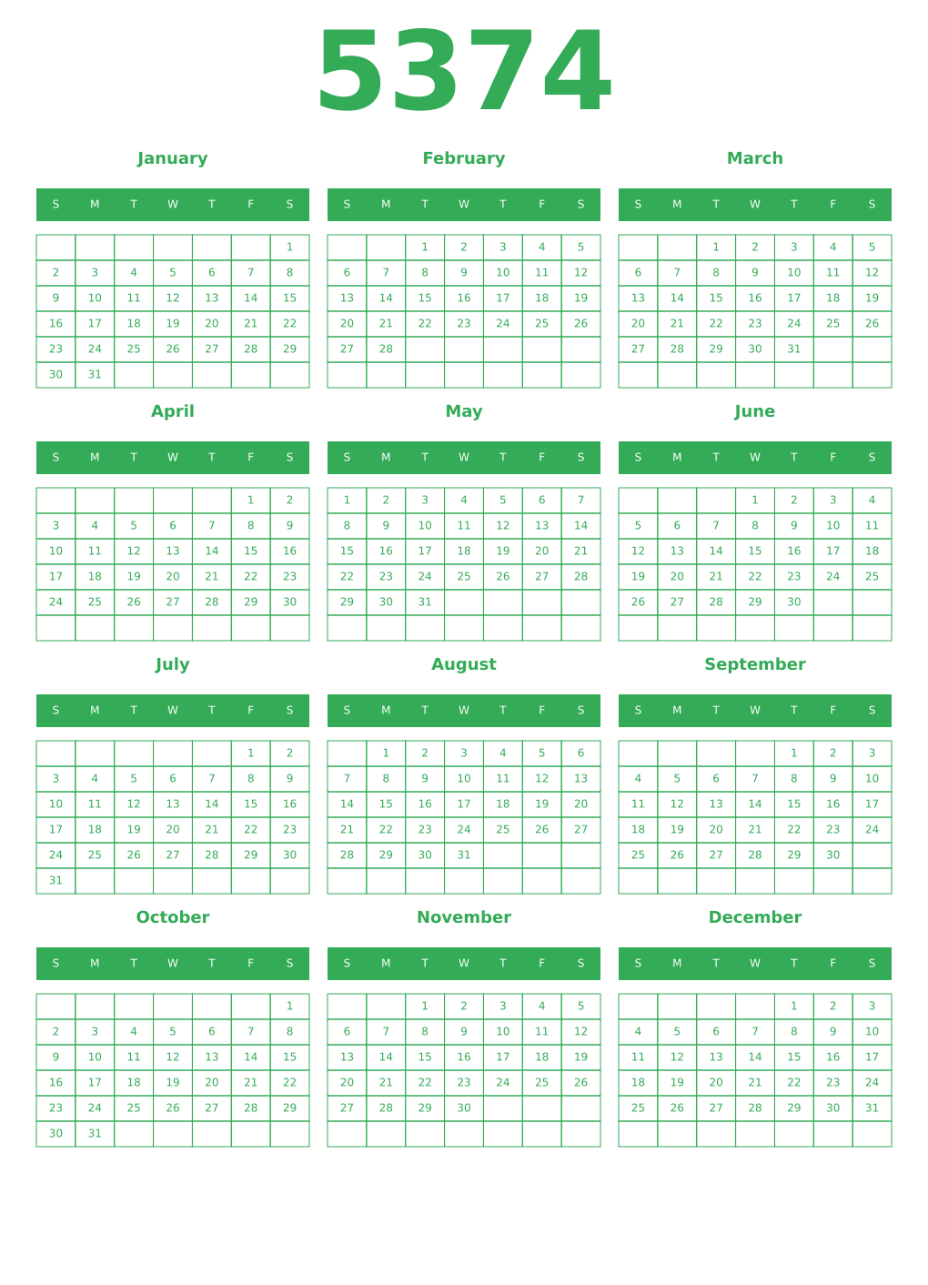Printable 5374 Year Calendars green