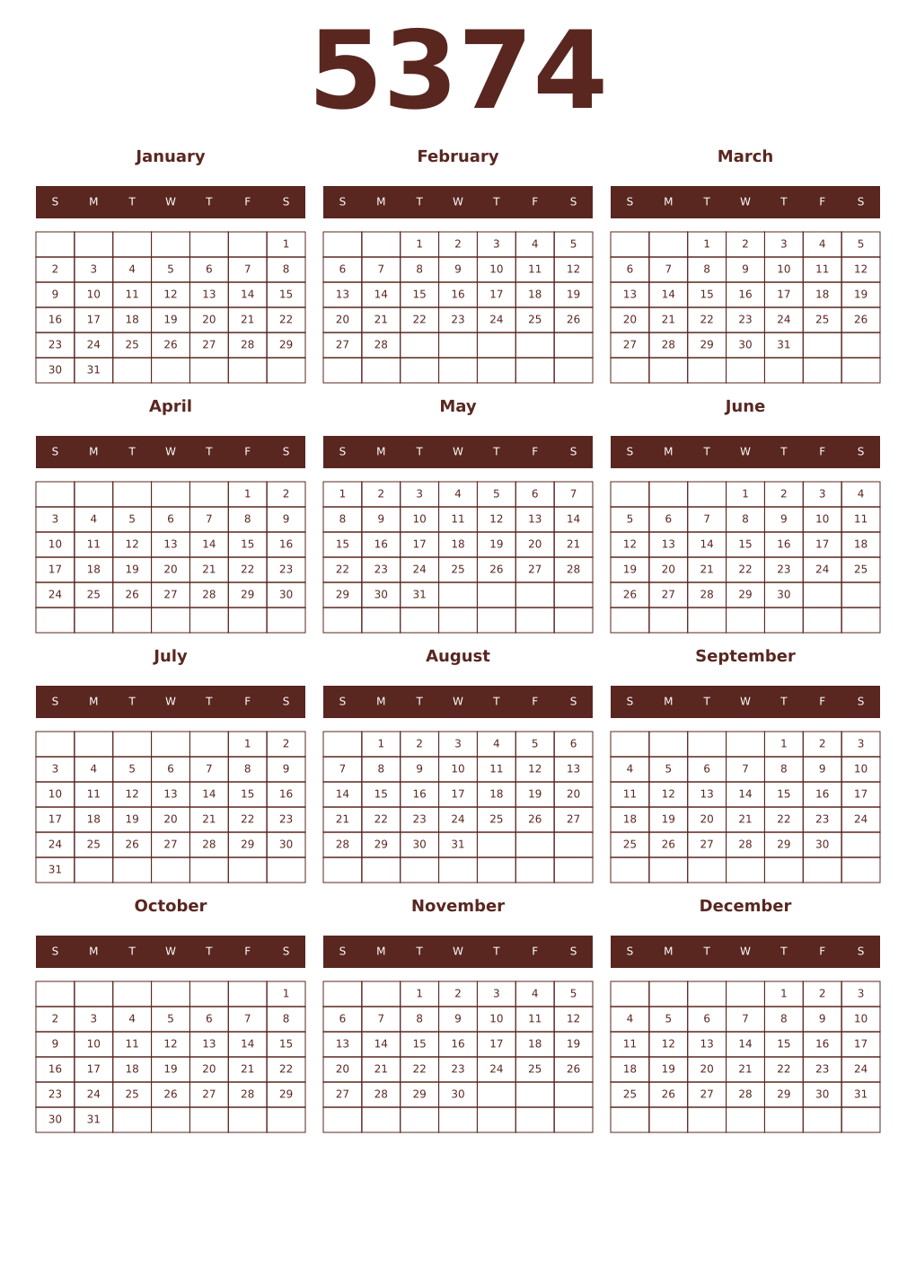 Printable 5374 Year Calendars mortuum