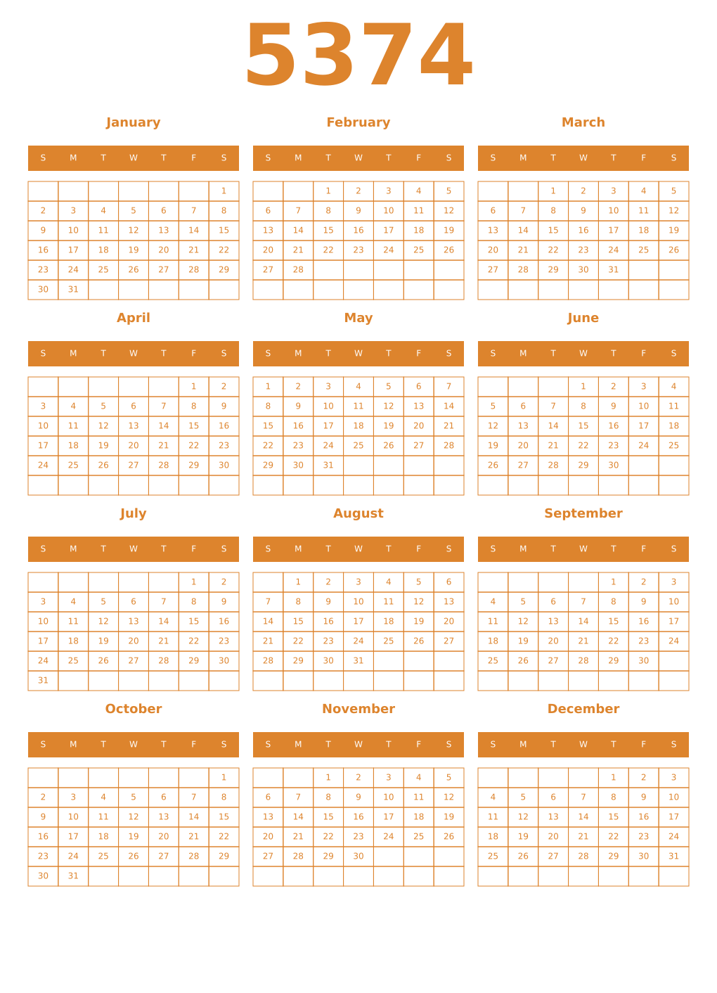 Printable 5374 Year Calendars orange