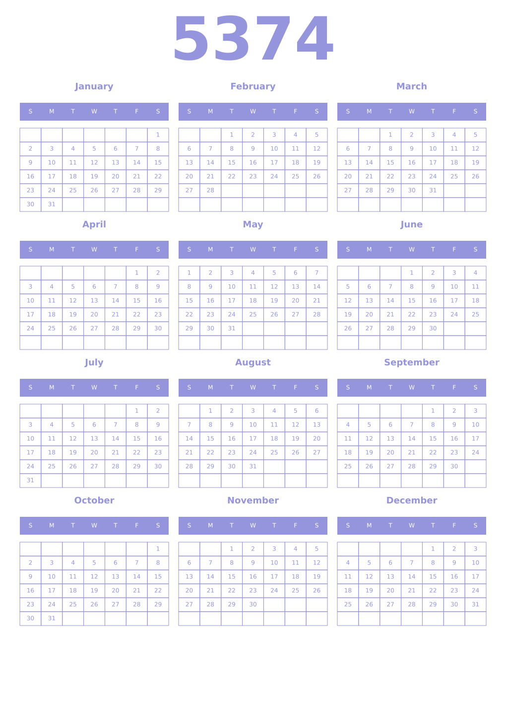 Printable 5374 Year Calendars periwinkle