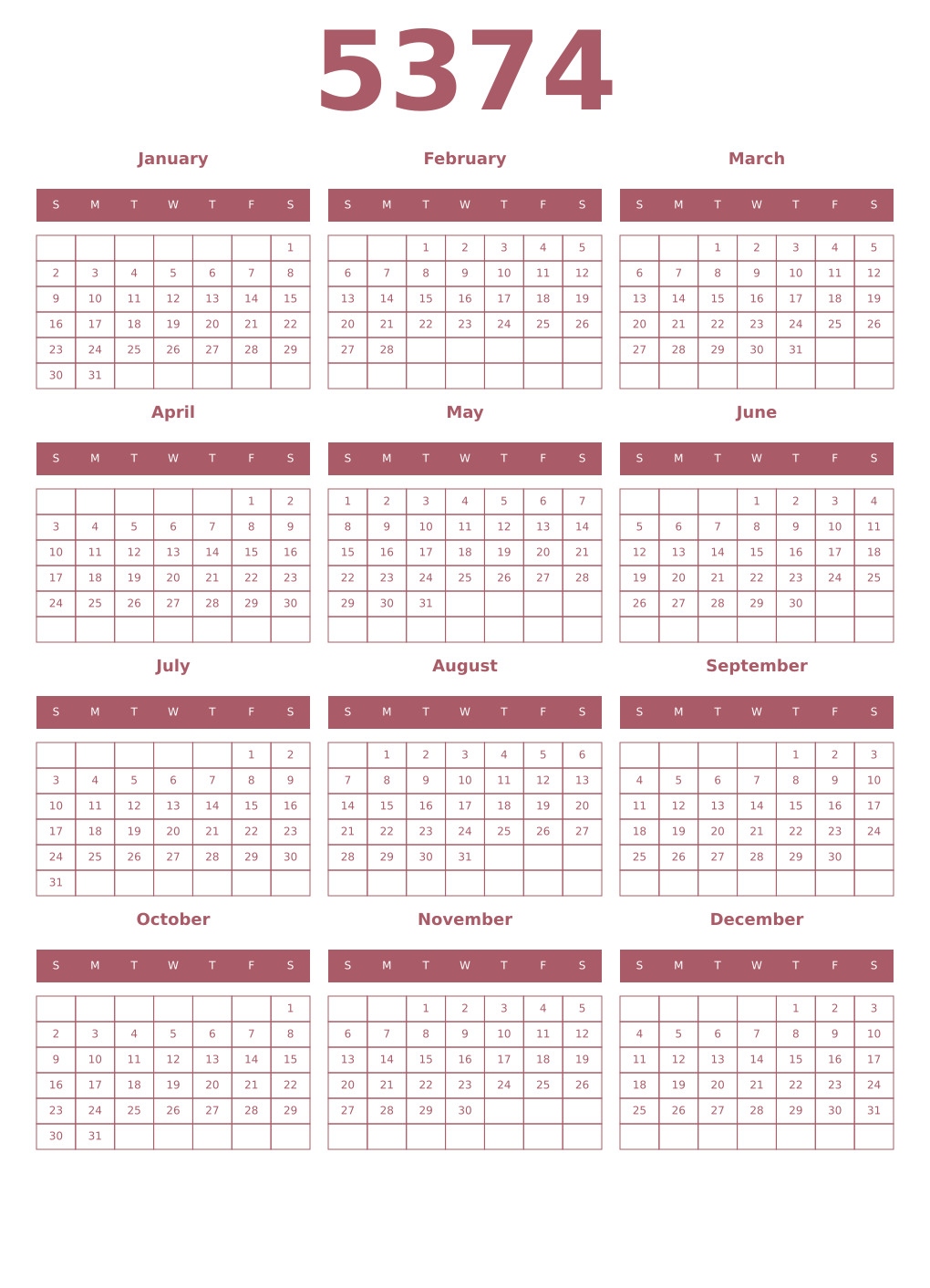 Printable 5374 Year Calendars puce