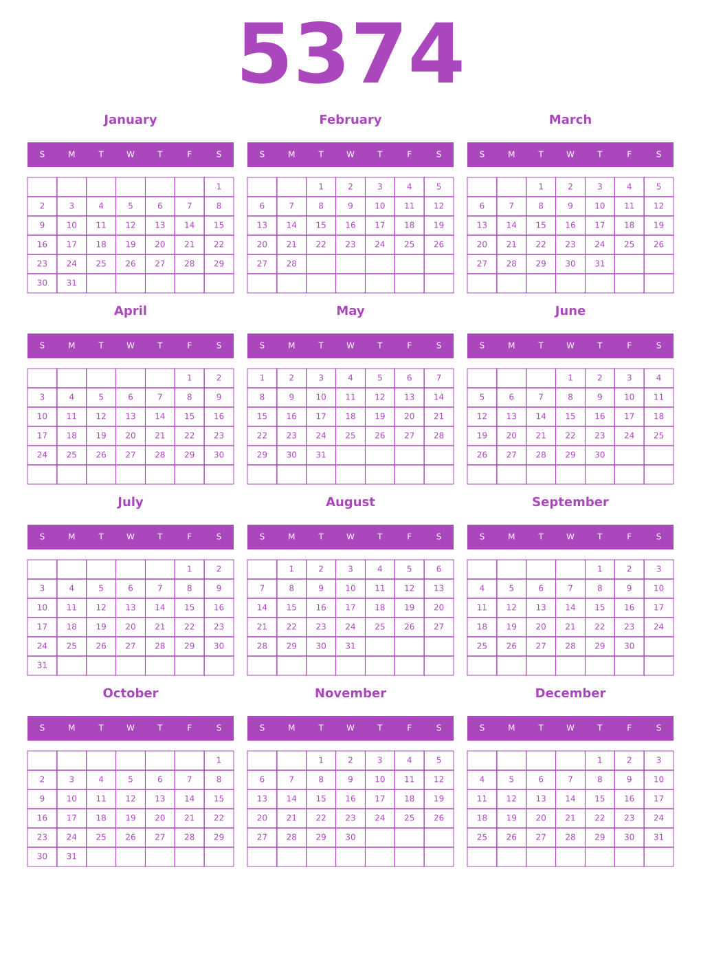Printable 5374 Year Calendars purple