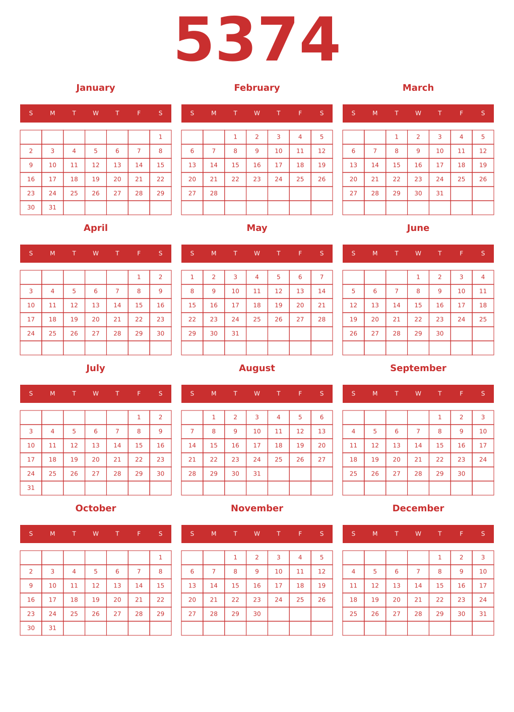 Printable 5374 Year Calendars red