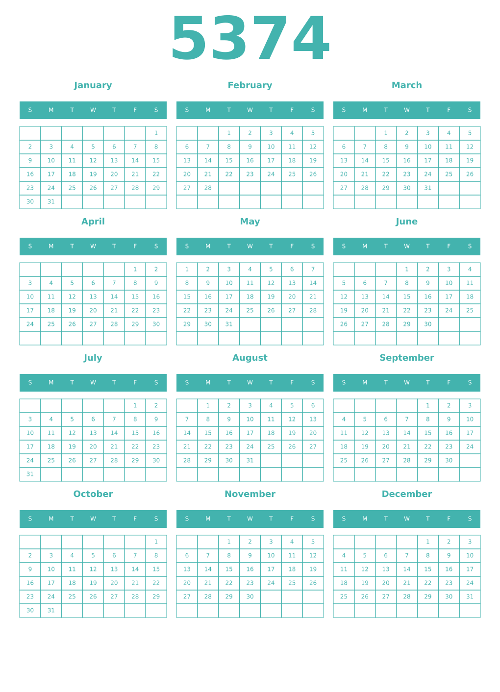 Printable 5374 Year Calendars verdigris