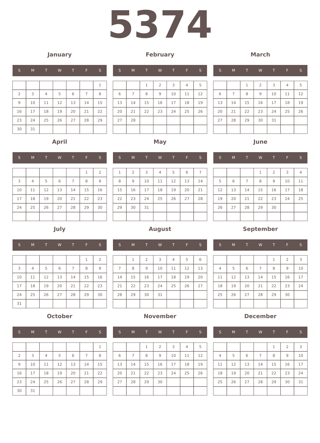 Printable 5374 Year Calendars wenge