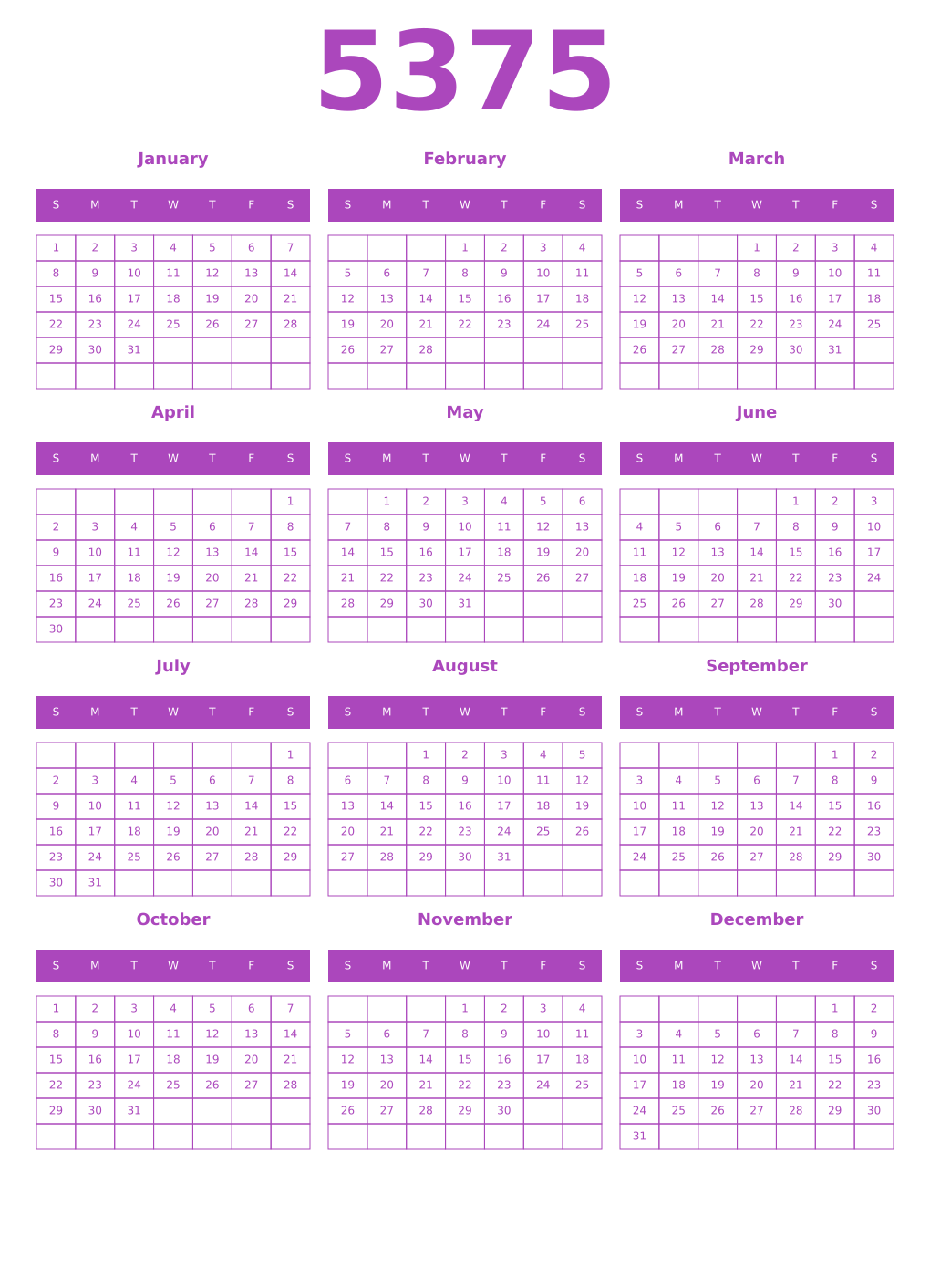 Printable 5375 Calendars