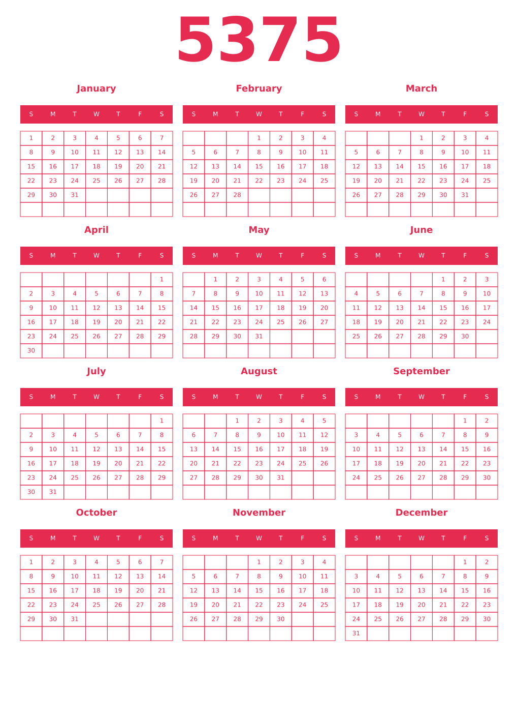 Printable 5375 Year Calendars amaranth