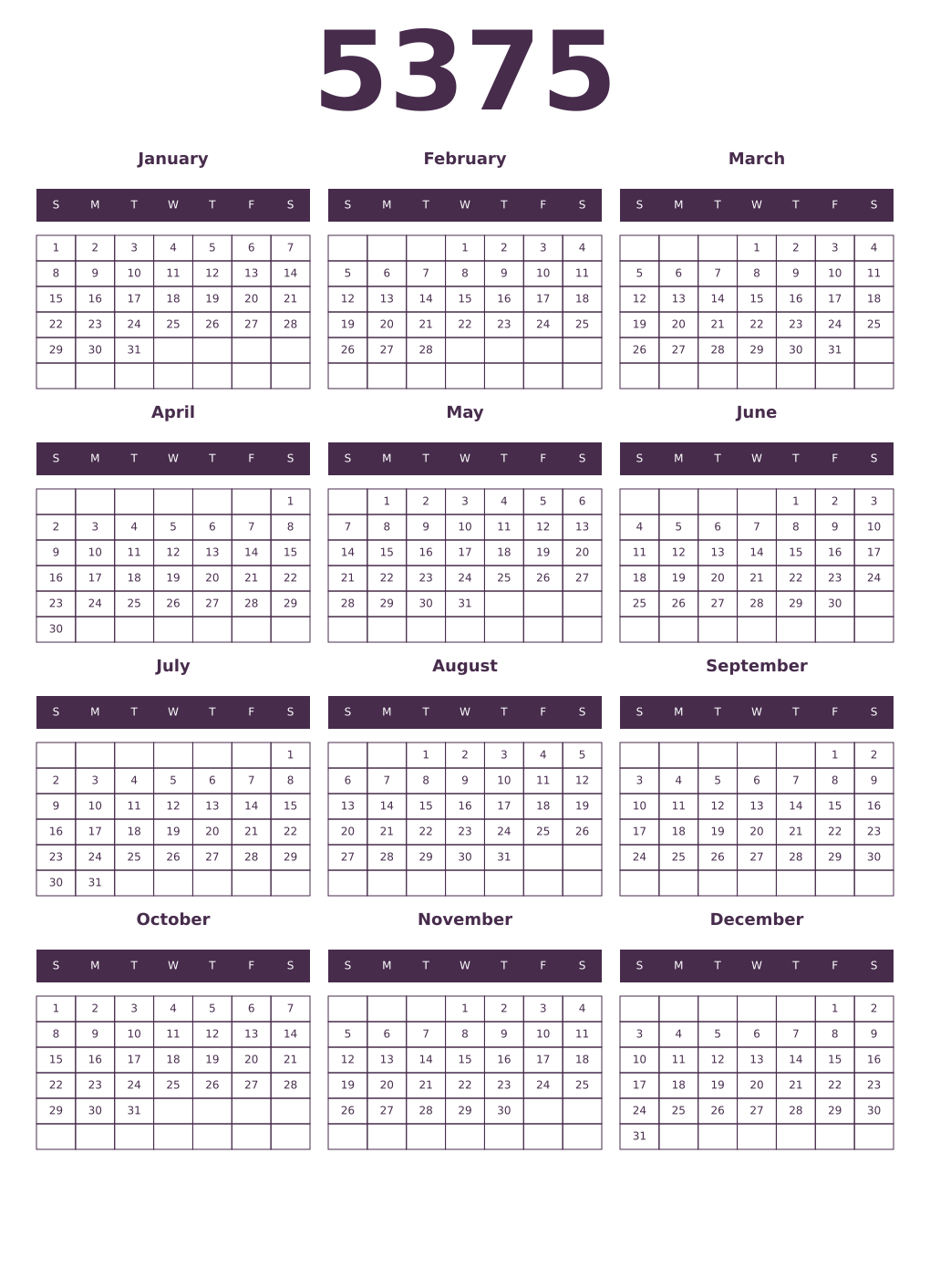 Printable 5375 Year Calendars aubergine