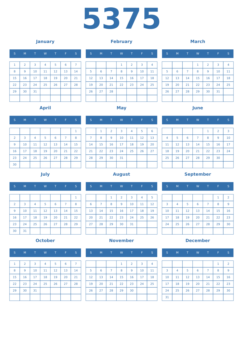 Printable 5375 Year Calendars blue