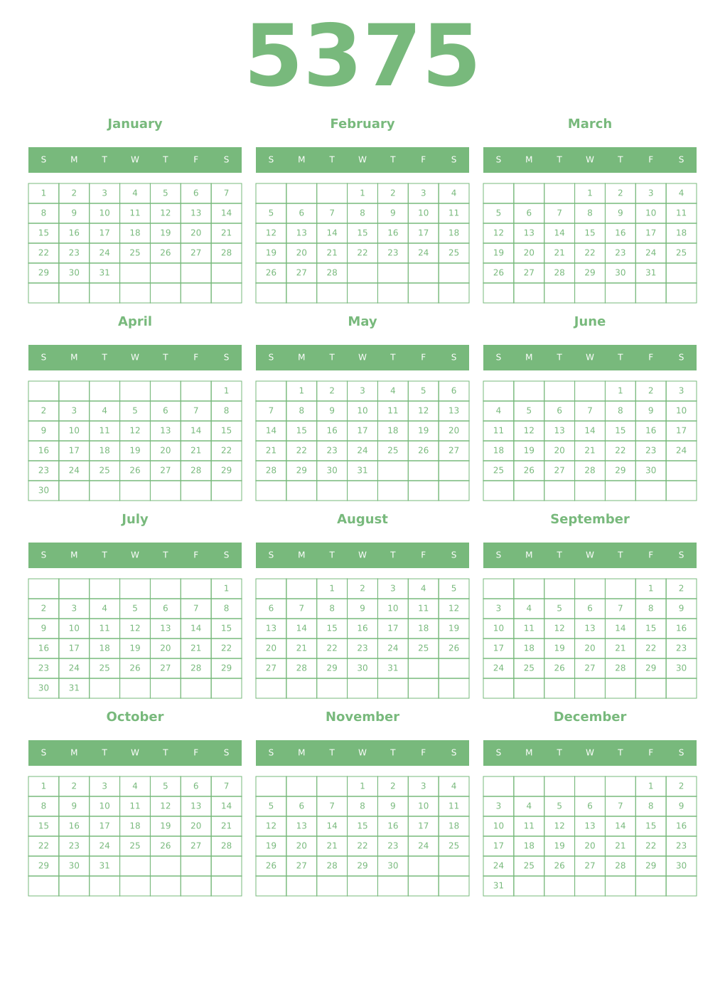 Printable 5375 Year Calendars celadon