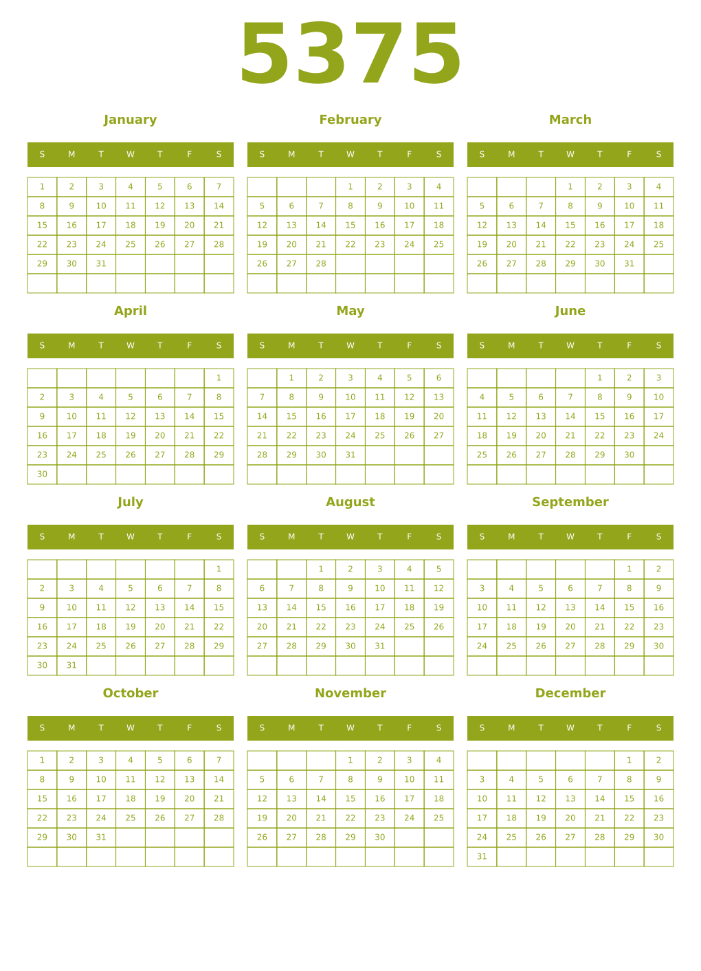 Printable 5375 Year Calendars chartreuse