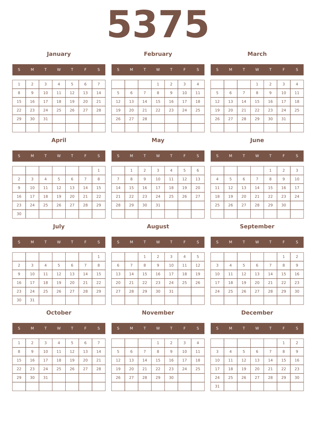 Printable 5375 Year Calendars coffe