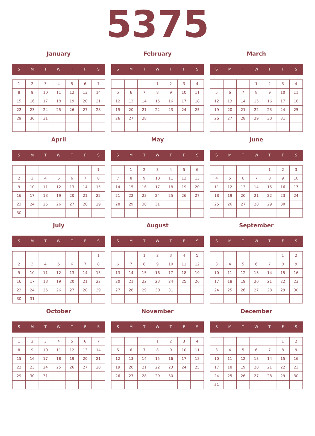 Printable 5375 Year Calendars cordovan