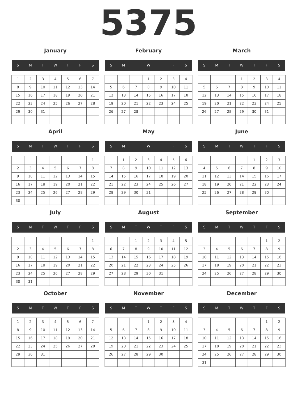 Printable 5375 Year Calendars dark