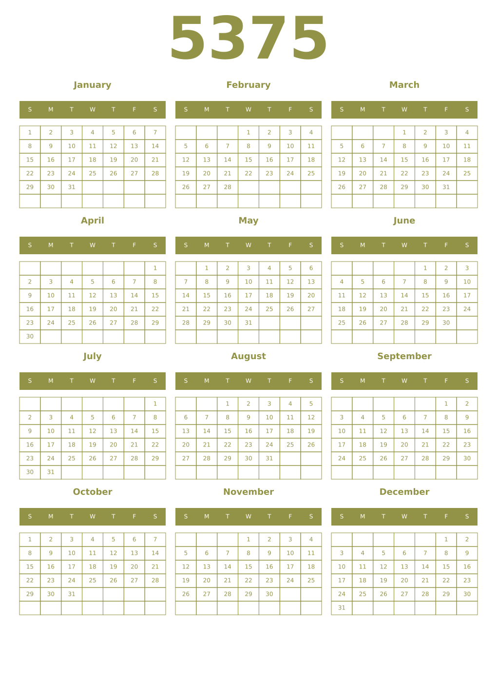 Printable 5375 Year Calendars eburnean