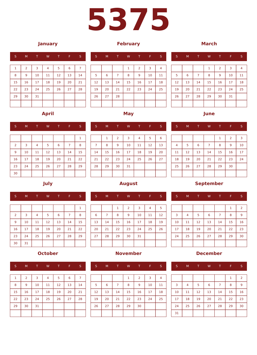Printable 5375 Year Calendars falu