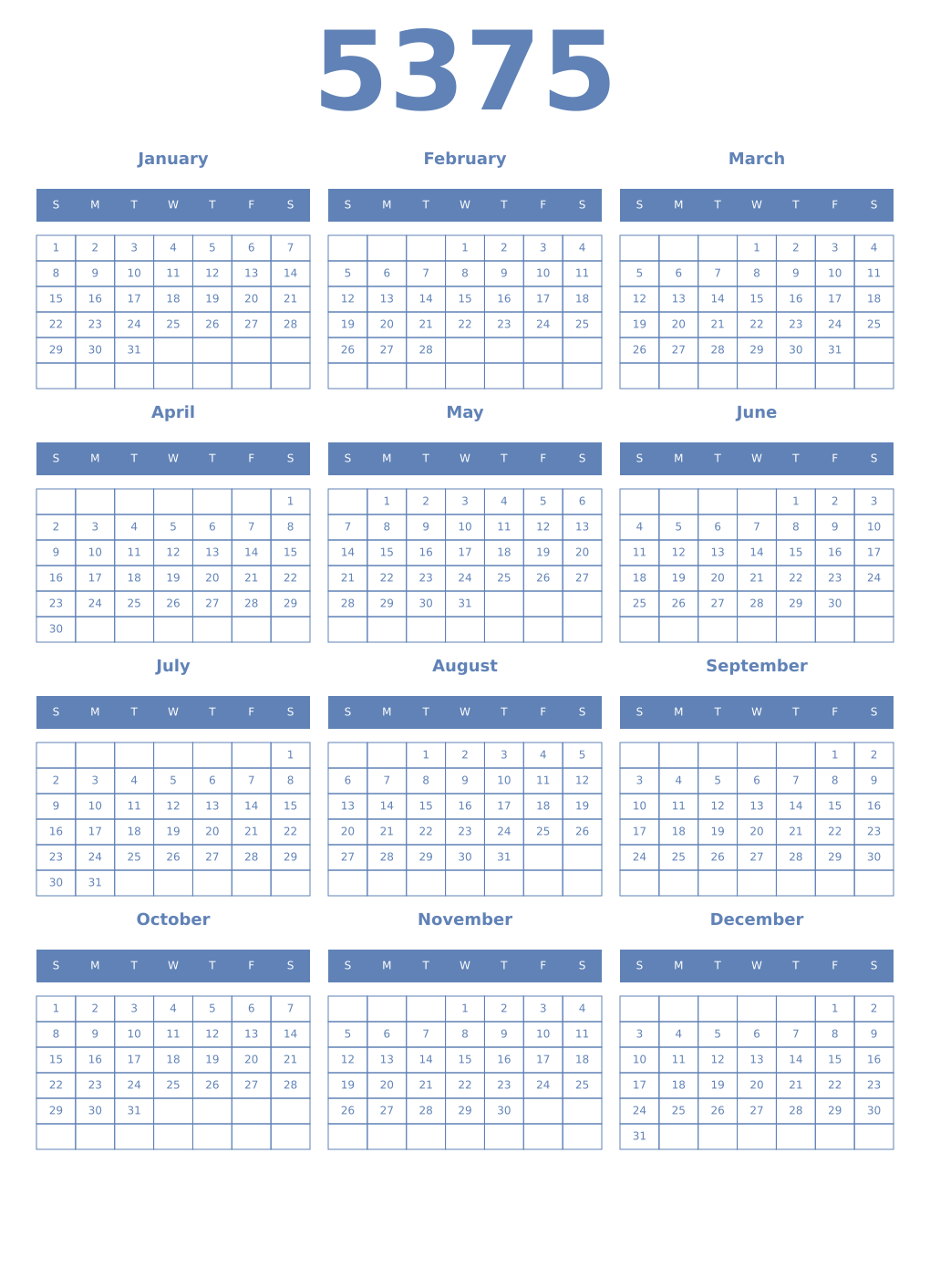 Printable 5375 Year Calendars glaucous
