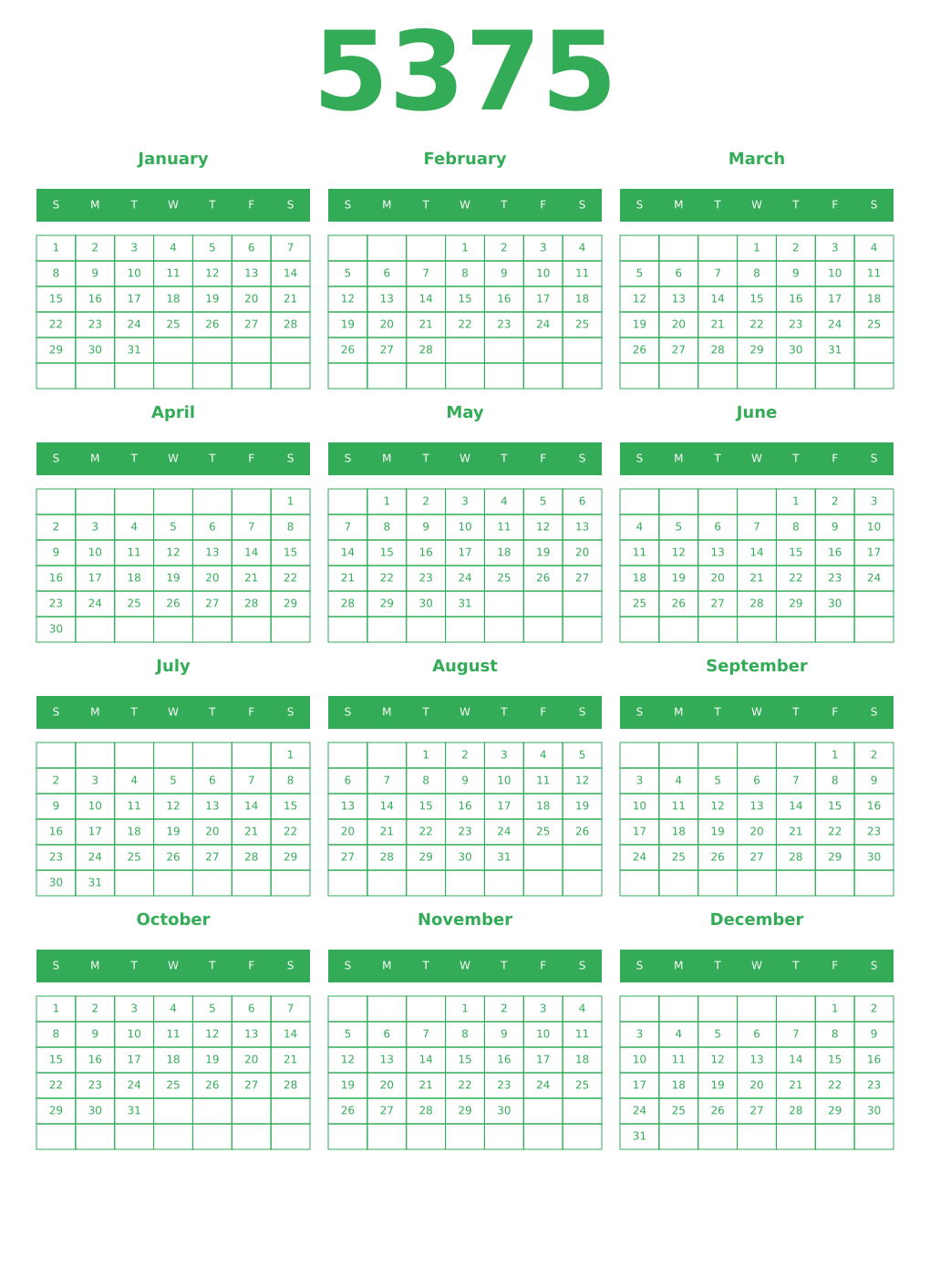 Printable 5375 Year Calendars green