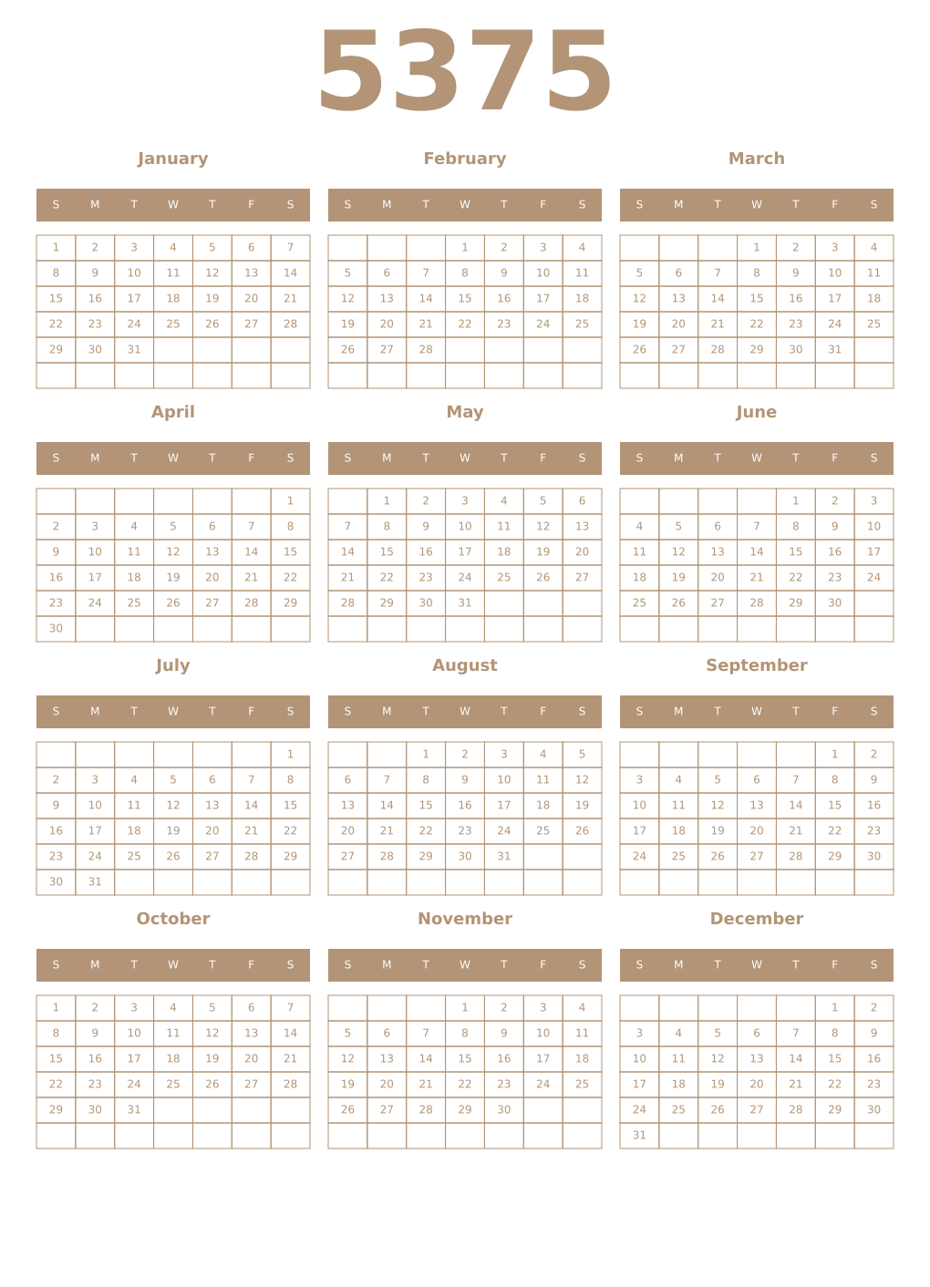 Printable 5375 Year Calendars isabelline