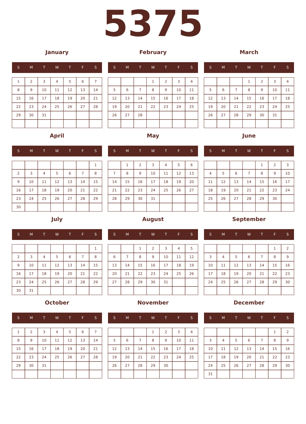 Printable 5375 Year Calendars mortuum