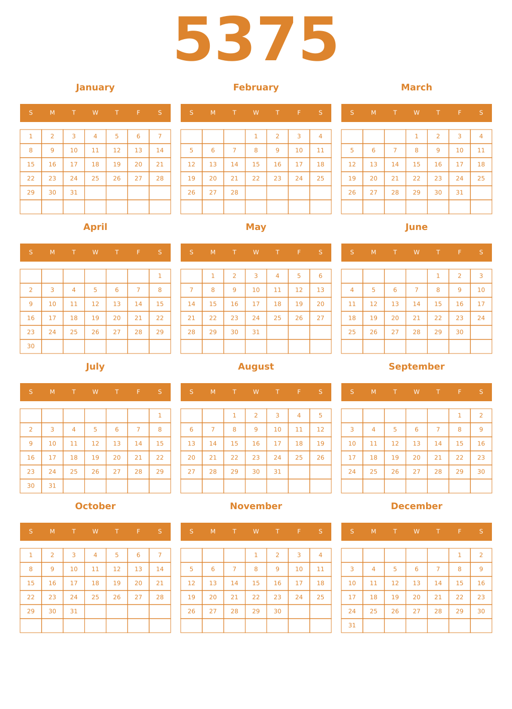Printable 5375 Year Calendars orange