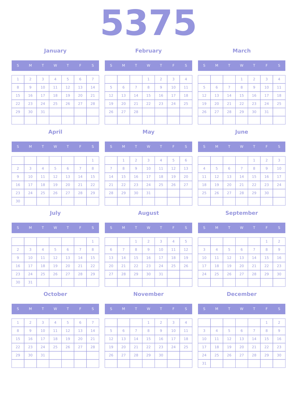 Printable 5375 Year Calendars periwinkle