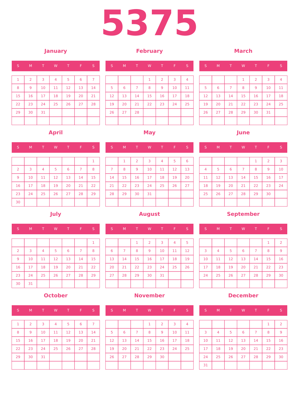 Printable 5375 Year Calendars pink