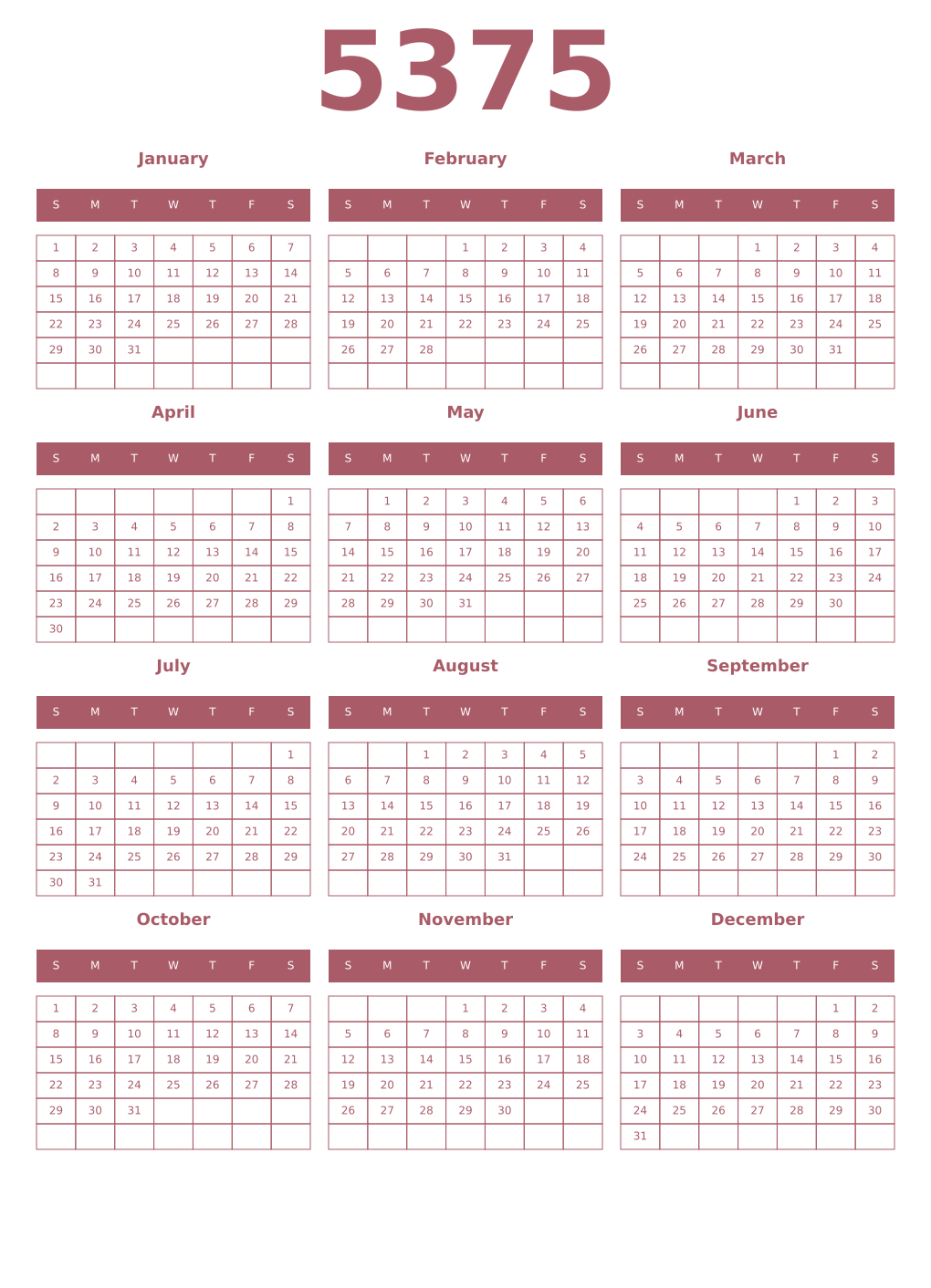 Printable 5375 Year Calendars puce