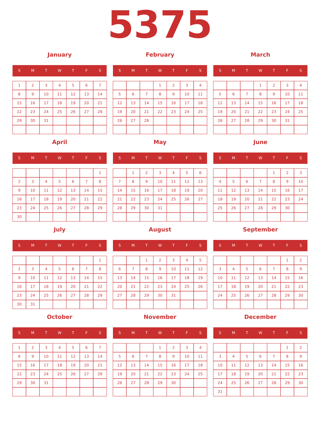 Printable 5375 Year Calendars red
