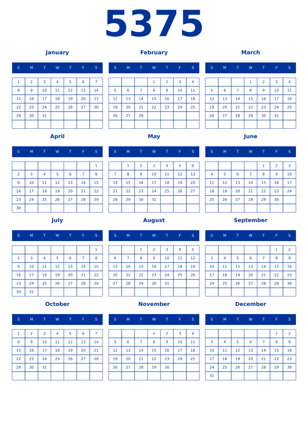 Printable 5375 Year Calendars smalt