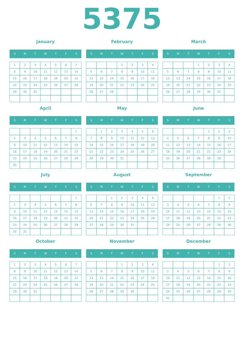 Printable 5375 Year Calendars verdigris