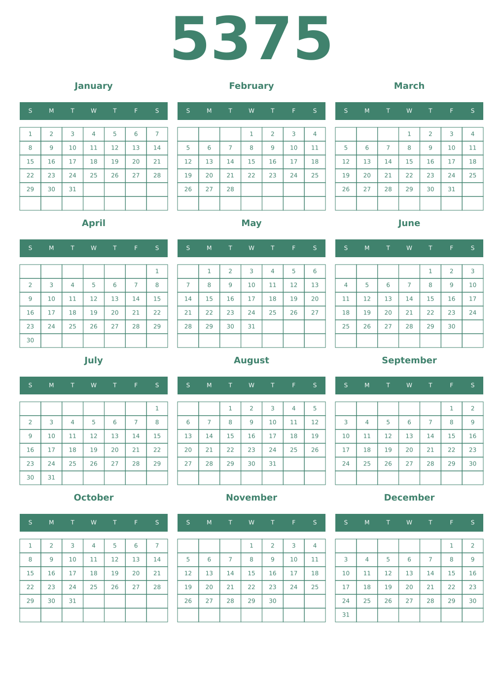 Printable 5375 Year Calendars viridian