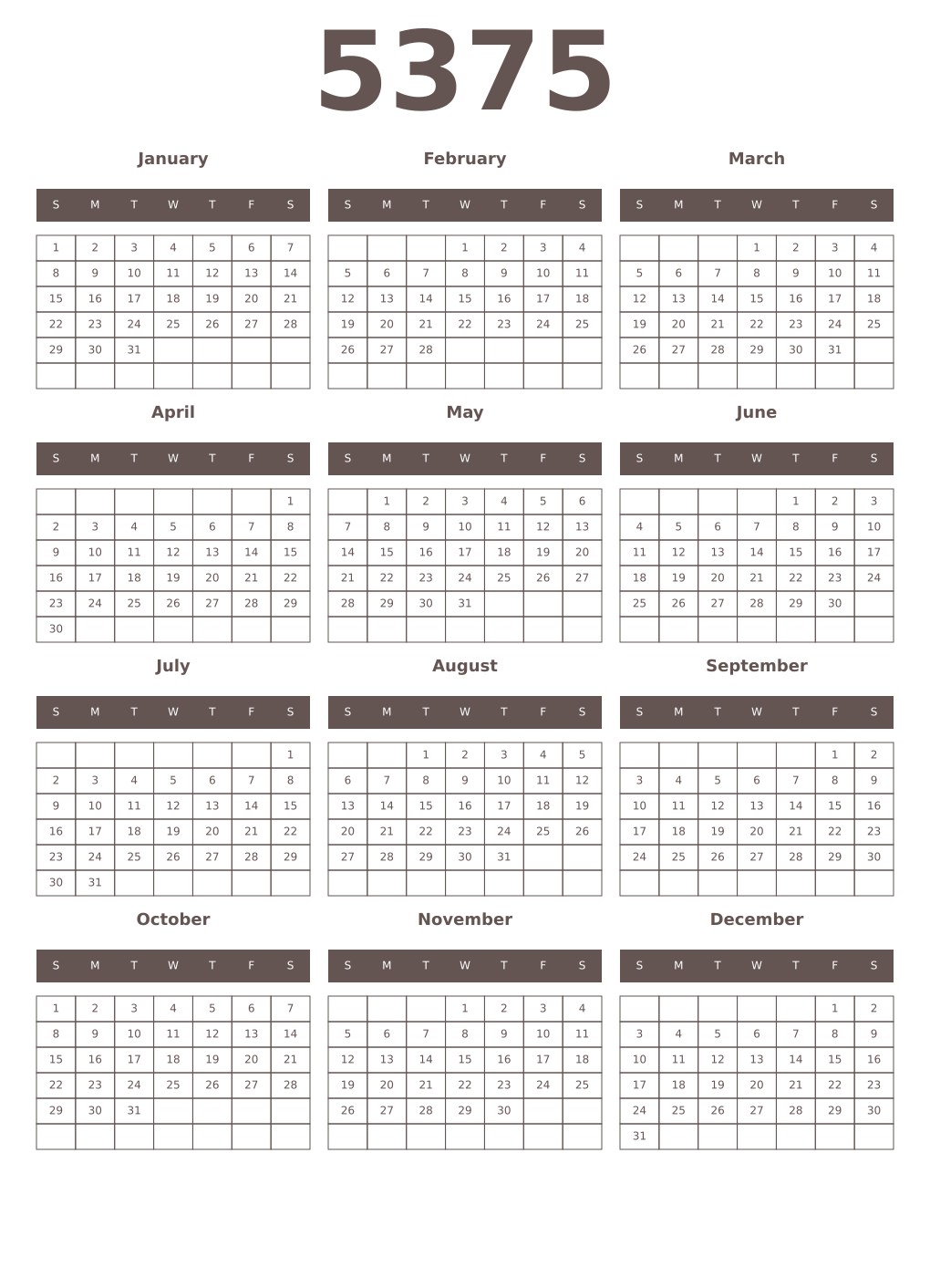 Printable 5375 Year Calendars wenge