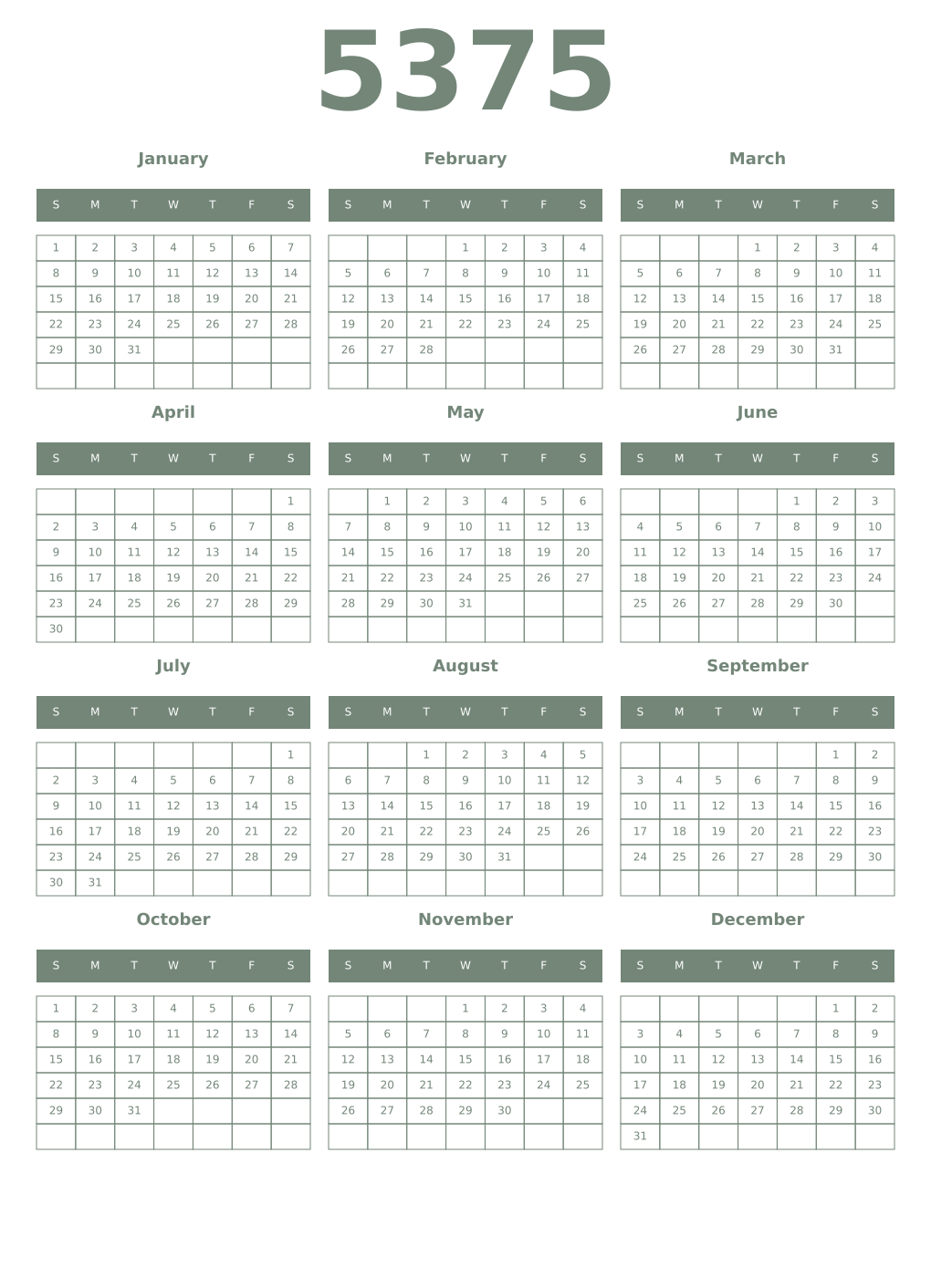 Printable 5375 Year Calendars xanadu