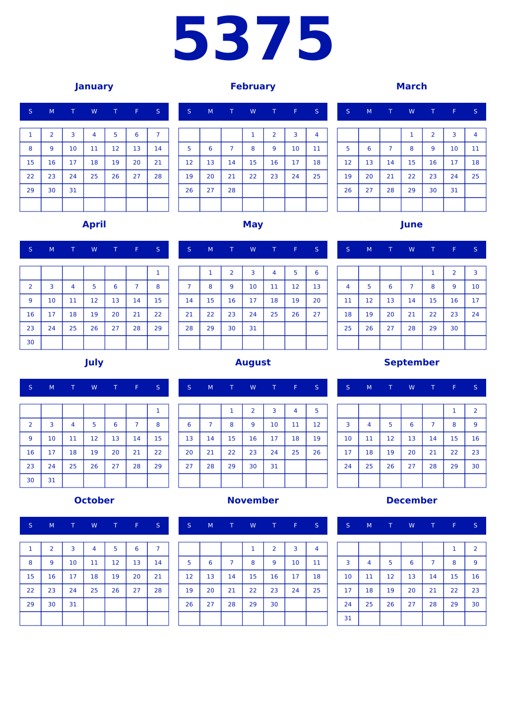 Printable 5375 Year Calendars zaffre