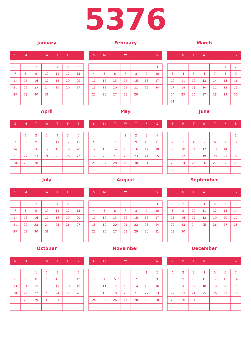 Printable 5376 Year Calendars amaranth