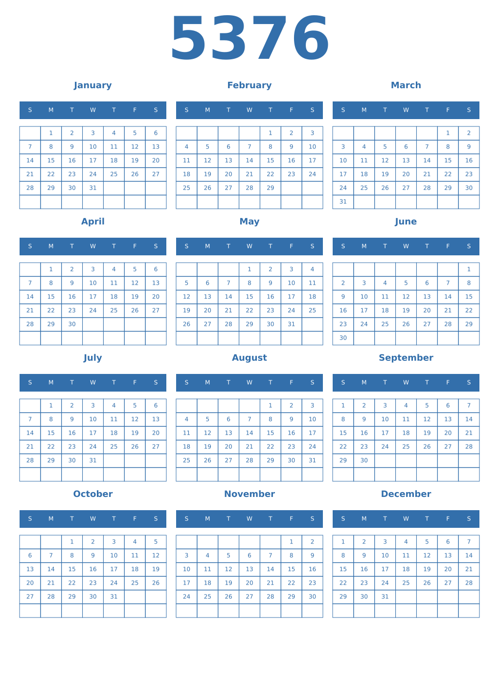 Printable 5376 Year Calendars blue
