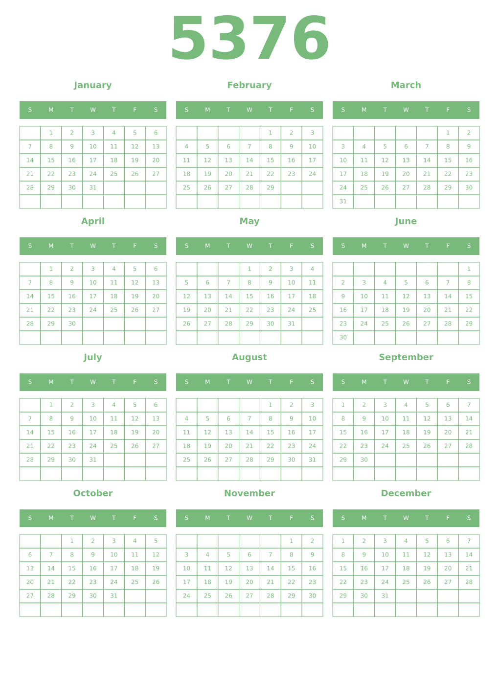 Printable 5376 Year Calendars celadon