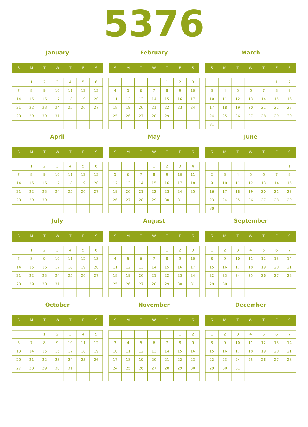Printable 5376 Year Calendars chartreuse