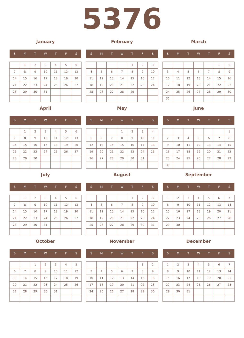 Printable 5376 Year Calendars coffe