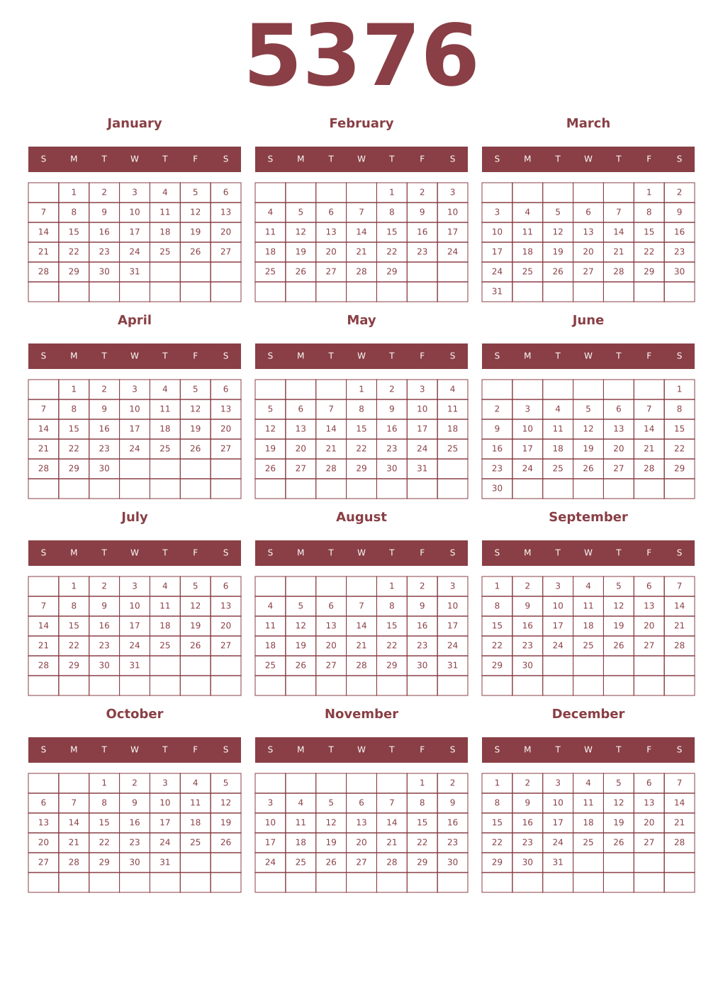 Printable 5376 Year Calendars cordovan