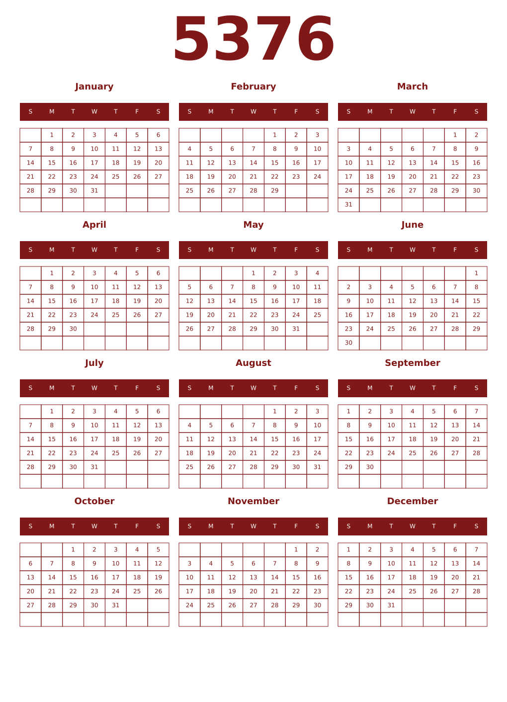 Printable 5376 Year Calendars falu